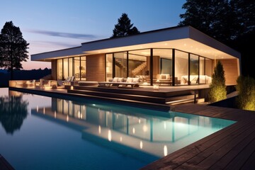 Modern house with a minimalist exterior and a swimming pool in the middle of a forest - 796582099