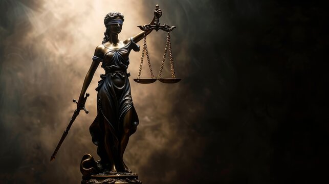 Statue of justice with closed eyes themis holds in her hands the metal scales of justice with copyspace