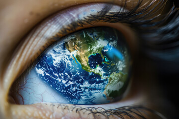 closeup of a human eye with the planet earth inside