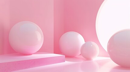 A room with a pink wall and a white ball on a pedestal