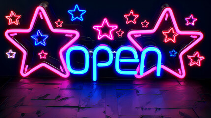 neon sign with the words "open" on black background with neon stars