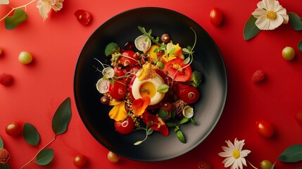 Obraz na płótnie Canvas Artfully arranged gourmet salad on a black plate against a vibrant red background, surrounded by fresh ingredients and flowers.