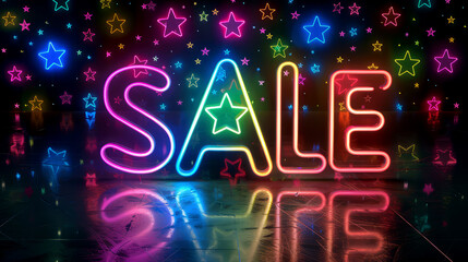 neon sign with the words "SALE" on black background with neon stars