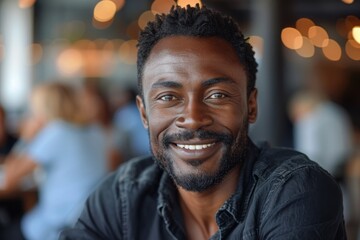 A cheerful mature man with a bright smile sitting in a cafe environment, exuding friendliness and approachability