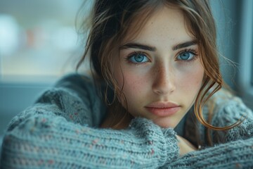An intense close-up of a woman with blue eyes and freckles, showcasing her distinctive facial features