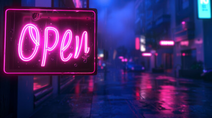 neon sign with the words "open" in a street at night