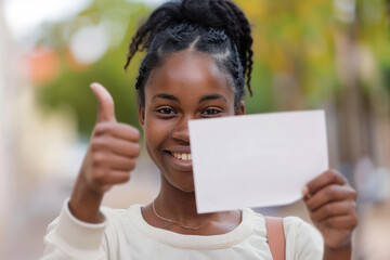 young black woman holding up a white empty sign and giving her thumbs up