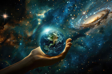 hand holding planet earth with universe in the background