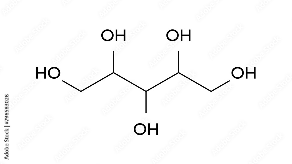 Sticker arabitol molecule, structural chemical formula, ball-and-stick model, isolated image arabinitol