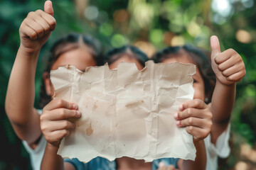 young girls holding up a empty paper and giving their thumbs up