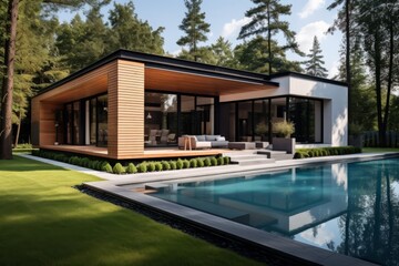 Fototapeta premium Modern house with a minimalist exterior and a swimming pool in the middle of a forest