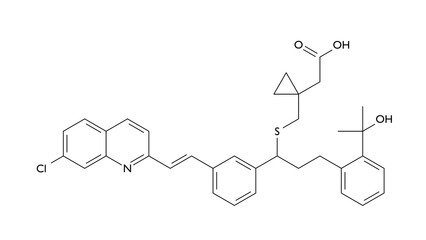 montelukast molecule, structural chemical formula, ball-and-stick model, isolated image leukotriene modifiers