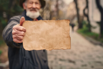 old man holding up a empty paper and giving his thumbs up