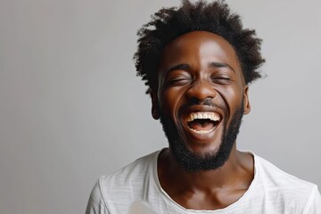 Obraz premium Close-up shot of a happy African man with a hearty laugh, eyes closed, and a white shirt