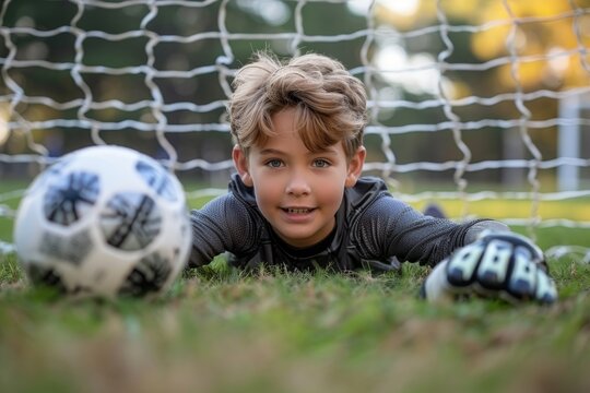 Young boy laying down as a goalkeeper on a soccer field with a ball, showing determination - Powered by Adobe