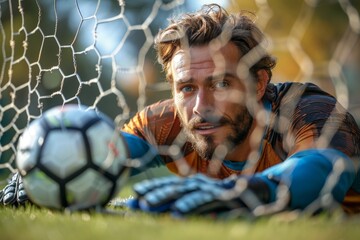 Soccer goalkeeper in orange blue lying on the grass behind the goal net, looking focused
