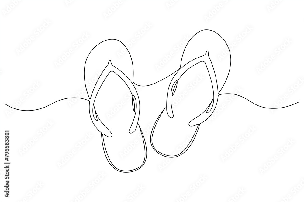 Wall mural Beach slippers continuous one line drawing of outline footwear vector - Wall murals