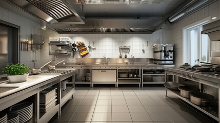 Interior of restaurant kitchen in metal materials, project for your business - 796583811