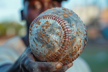 A heavily used, textured baseball rests in a hand, showcasing the grit and wear of the beloved game...
