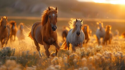 Wild horses run freely through blooming meadows and sunlit mountain landscapes. Concept Nature, Wildlife, Horses, Meadows, Mountains