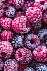 Frozen raspberry fruit, macro photo, natural food texture wallpaper.