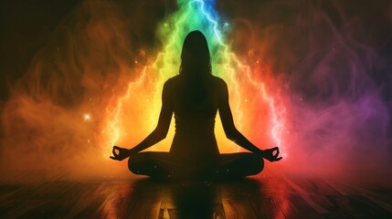 Silhouette of a person sitting in a lotus position in meditation with a bright multi-colored aura
- 796584416