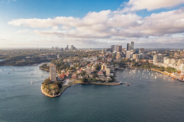 Panoramic view of Sydney. Drone surveillance modern city buildings, skyscrapers, streets. Australia.