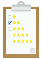 Clipboard with a rating checklist from 1 to 5 stars with checkbox selected on two stars in flat design style (cut out)
