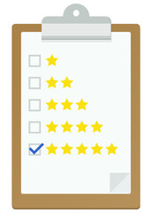 Clipboard with a rating checklist from 1 to 5 stars with checkbox selected out of five stars in flat design style (cut out)