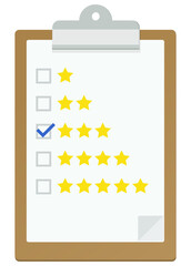 Clipboard with a rating checklist from 1 to 5 stars with checkbox selected out of three stars in flat design style (cut out)