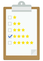 Clipboard with a rating checklist from 1 to 5 stars with checkbox selected out of four stars in flat design style (cut out)