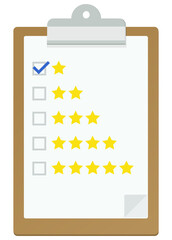 Clipboard with a rating checklist from 1 to 5 stars with checkbox selected on a star in flat design style (cut out)