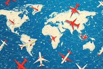 Watercolor drawn seamless airplanes routes over globe earth, concept of travel around the world - 796585014