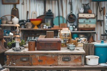 Vintage household items for sale at secondhand market, garage sale, thrift shop. Sustainable living.