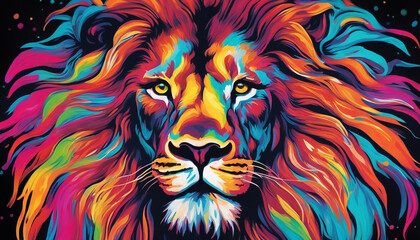 Colorful psychedelic neon painting of a lion, black background wallpaper