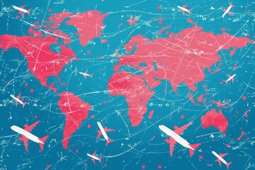 Watercolor drawn seamless airplanes routes over globe earth, concept of travel around the world