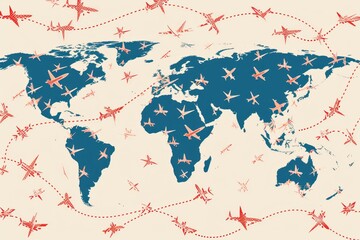Watercolor drawn seamless airplanes routes over globe earth, concept of travel around the world - 796585284
