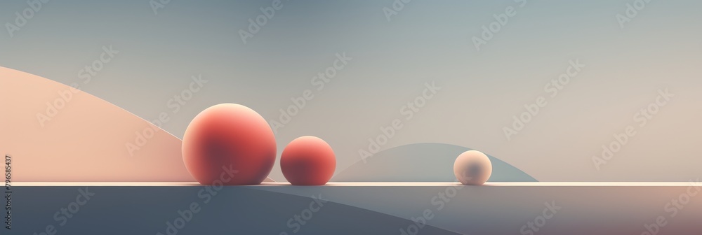 Poster minimalist geometric composition with pastel 3d spheres. abstract spheres with gradient background. 