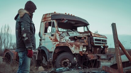 A person in a hooded jacket standing near a dilapidated rusty truck in a desolate area.