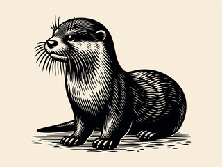 Otter.  Old vintage engraving illustration. Hand drawn outline graphic. Logo, emblem, icon. Isolated object, cut out. black and white	