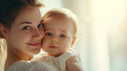 Young mother tightly hugs her little child holding in her arms, concept of young motherhood, parenthood at a young age	
