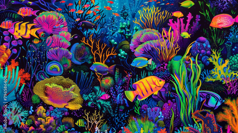 Poster an intricate coral reef teeming with luminous fish and sea creatures each one adding a vibrant pop o