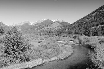 Rocky Mountains, Colorado. American nature. Black and white retro filter photo.