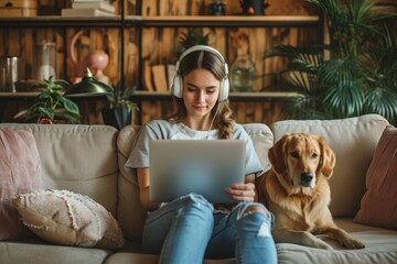 Young woman student freelancer wearing headphones sitting on the sofa with a dog holding a laptop in her hands, concept of leisure time, distance learning work online