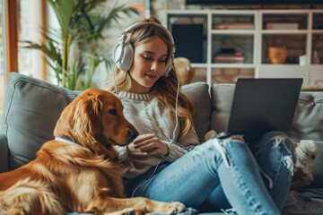 Young woman student freelancer wearing headphones sitting on the sofa with a dog holding a laptop in her hands, concept of leisure time, distance learning work online