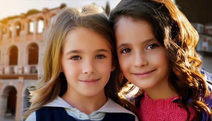 Closeup of 2 happy children on a sunny day looking directly at the camera. 