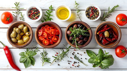 Salad preparation with dressings, olives, wild herbs leaves, chili, oil and tomatoes on white wooden background, top view - obrazy, fototapety, plakaty