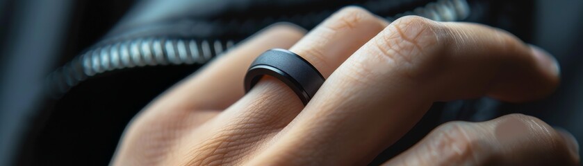 An elegant smart ring on a finger, focusing on its design and functionality, against a clean background, space for text