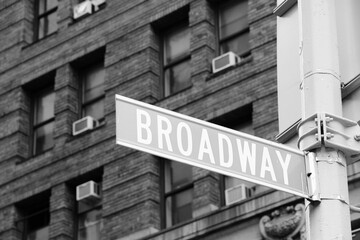 Broadway in New York. Landmarks of NYC. Black and white retro filter photo.