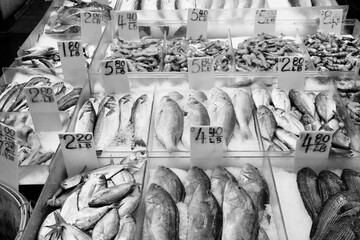 Chinatown market in NY. Black and white retro filter photo.
